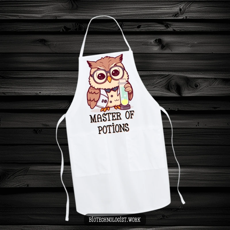 Funny apron with a curious owl wearing specs, working with a glowing test tube, perfect for kitchen or lab, a humorous gift.