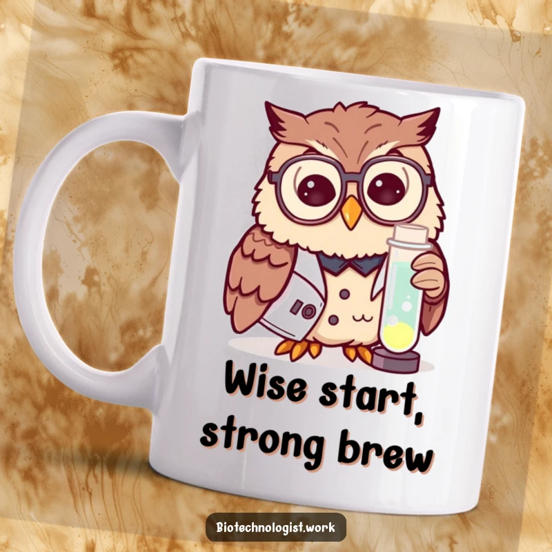 Funny mug with a curious owl wearing a lab coat and spectacles, examining a glowing test tube, for science lovers.
