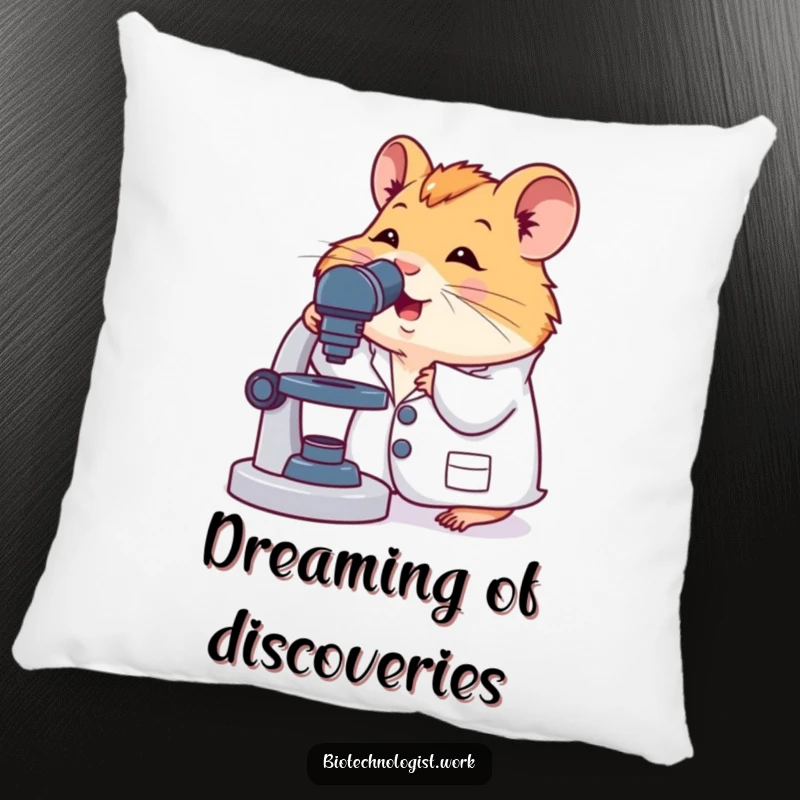 Funny pillow showcasing a cute hamster in a lab coat, excitedly looking into a microscope, offering comfort and scientific amusement.