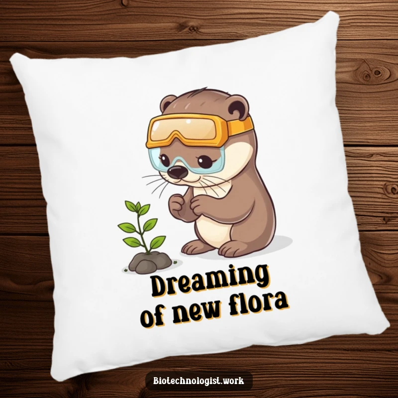 Funny otter pillow showing a playful otter in safety goggles examining a tiny plant, symbolizing careful observation and comfort.