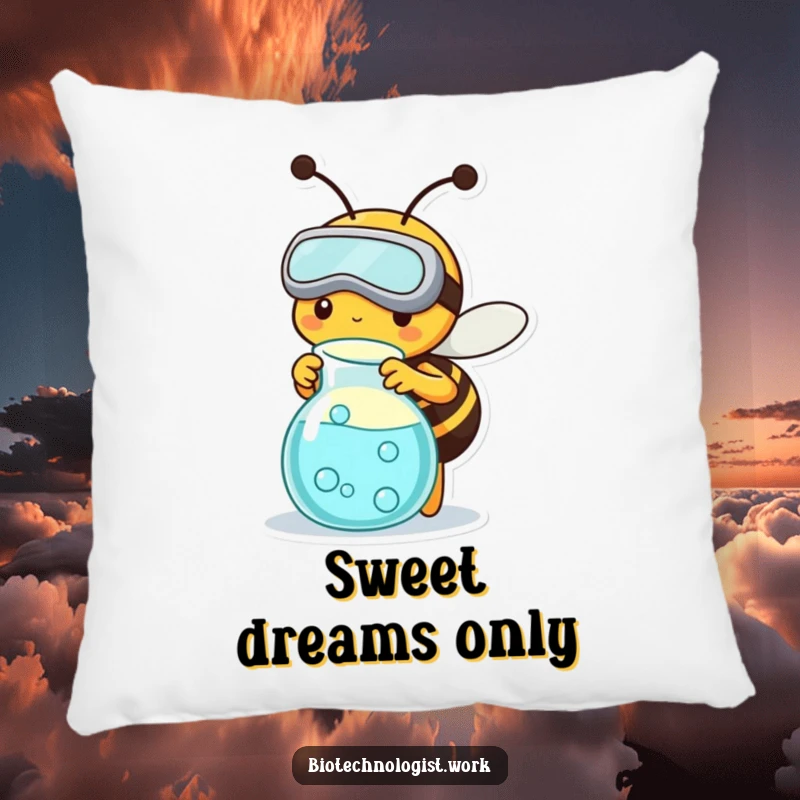 Funny pillow showcasing a busy bee in goggles tending to a science beaker, offering comfort and a humorous, industrious vibe.