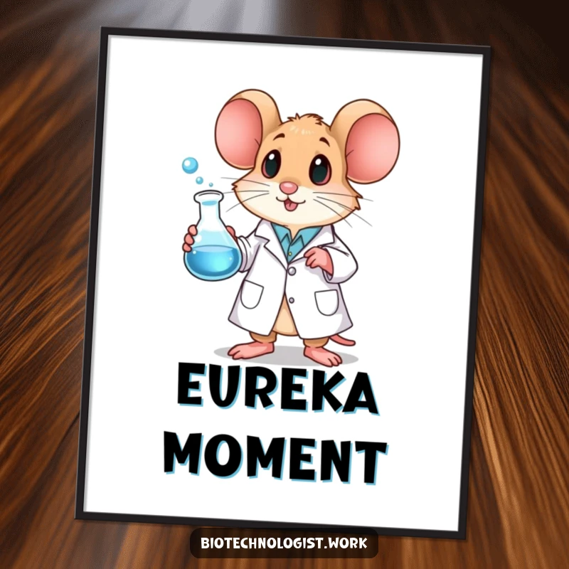 Funny mouse digital art print of a curious mouse in a lab coat holding a bubbling beaker, adding scientific charm.
