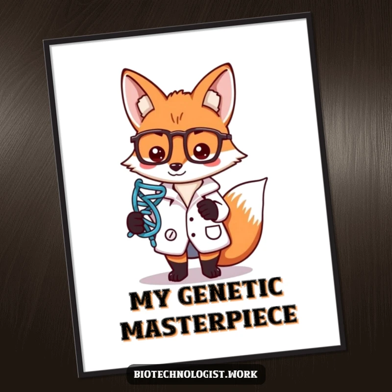 Funny digital art print of a focused fox scientist in a lab coat, holding a DNA strand symbol, bringing intelligence to the decor.