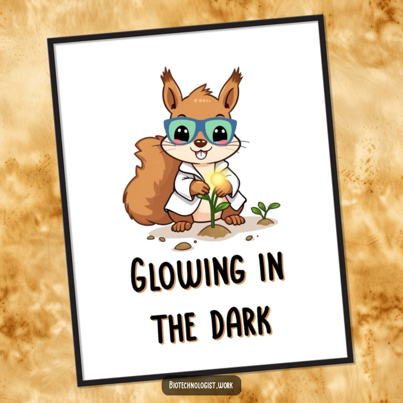Funny digital art print of a cheerful squirrel scientist in a lab coat, planting a glowing seed, creating a message of hope.