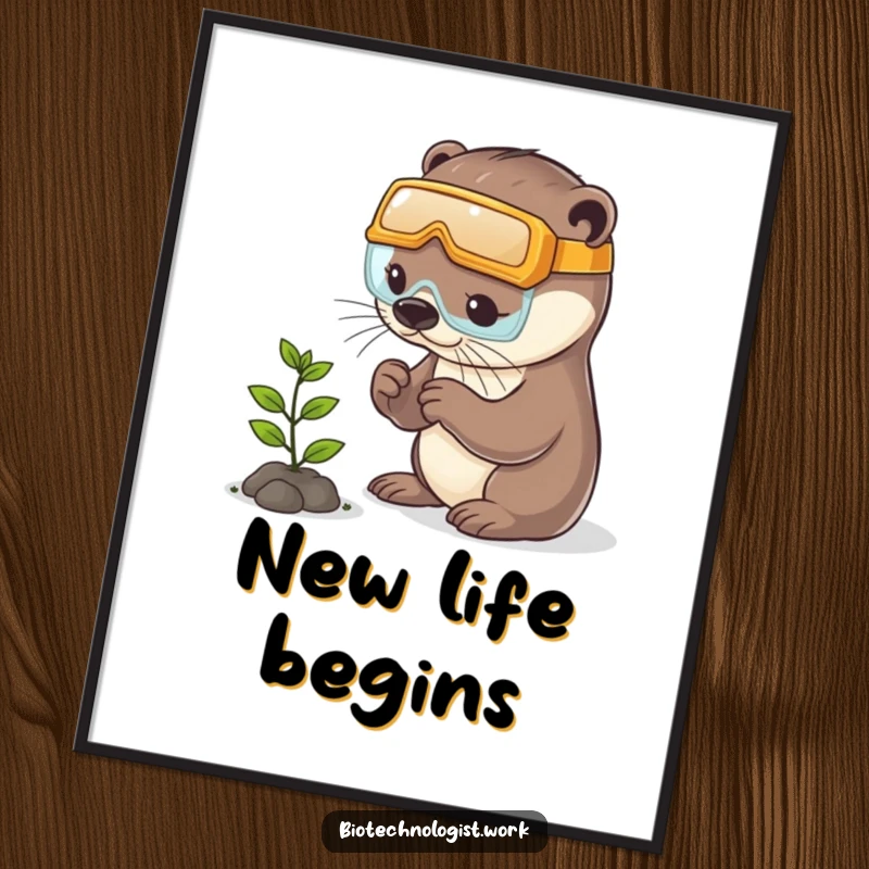 Funny otter digital art print of a playful otter in safety goggles examining a tiny plant, adding whimsical charm.