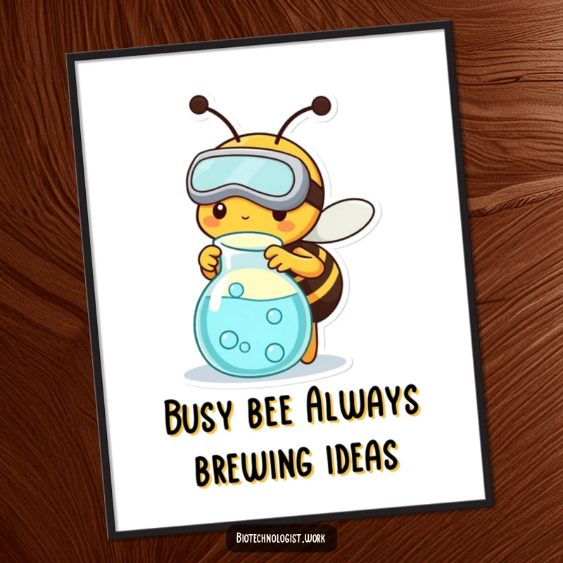Funny Free Printable Bee Scientist Wall Art, busy bee in goggles with bubbling beaker, whimsical decor.