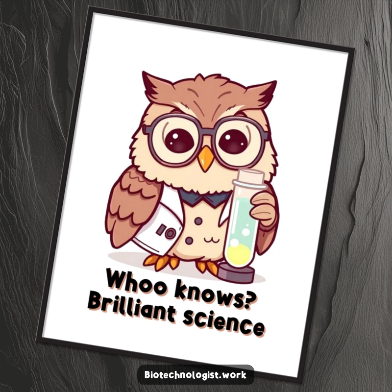 Funny Free Printable Owl Scientist Wall Art, curious owl in lab coat with glowing test tube, smart decor.