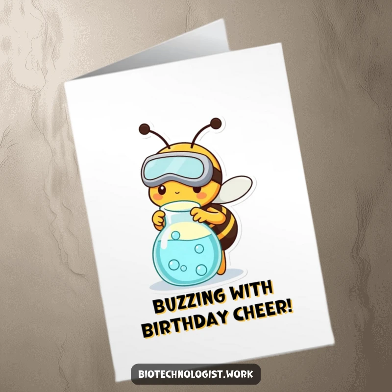 Funny Free Printable Bee Scientist Birthday Card, busy bee in goggles tending beaker, downloadable birthday fun.