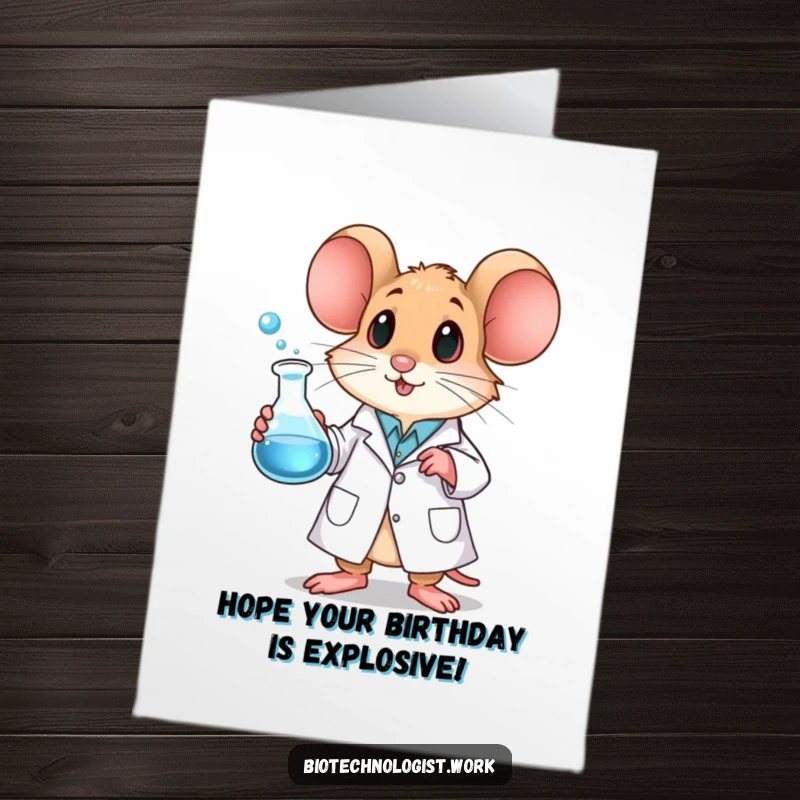 Funny free printable birthday card featuring a curious mouse in a lab coat intensely observing a bubbling beaker.