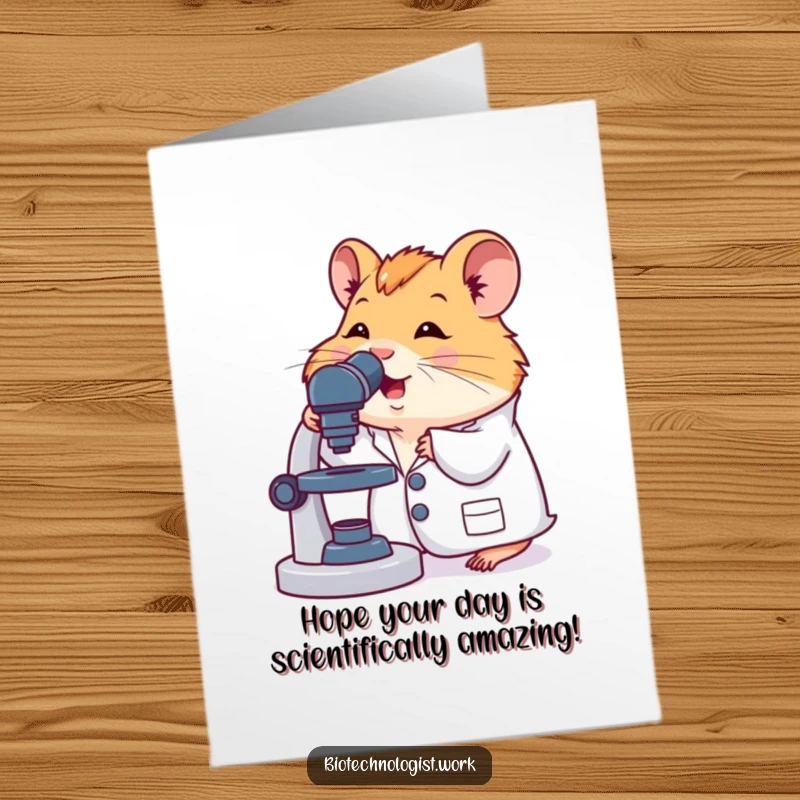 Funny Free Printable Hamster Scientist Birthday Card, cute hamster in lab coat peering into microscope, downloadable gift.