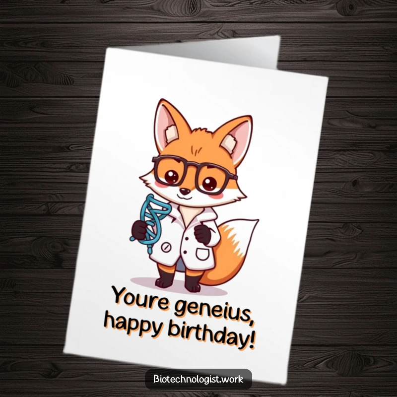 Funny Free Printable Birthday Card: Focused fox scientist holds a DNA strand symbol, contemplating life's mysteries.