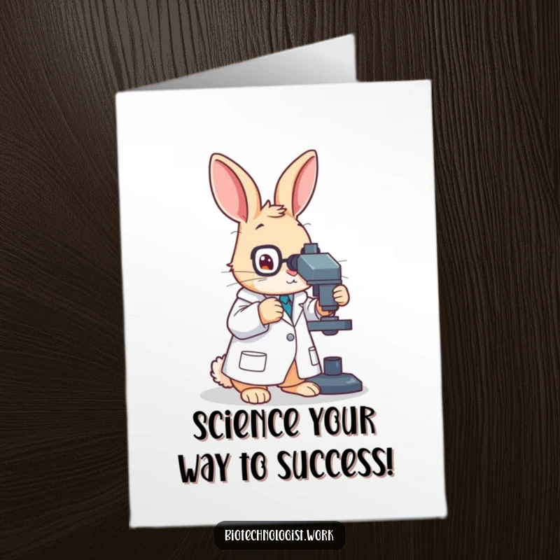 Funny Free Printable Congrats Card: Rabbit scientist in lab coat proudly observes a successful experiment result.