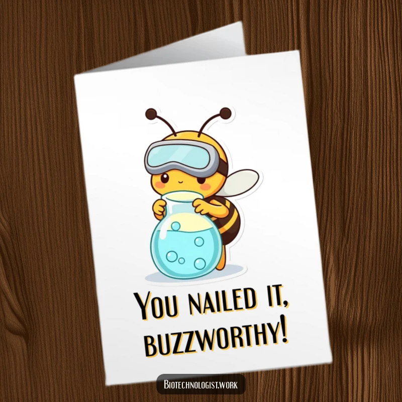 Funny Free Printable Bee Scientist Congratulations Card, bee in goggles with bubbling beaker, downloadable success.