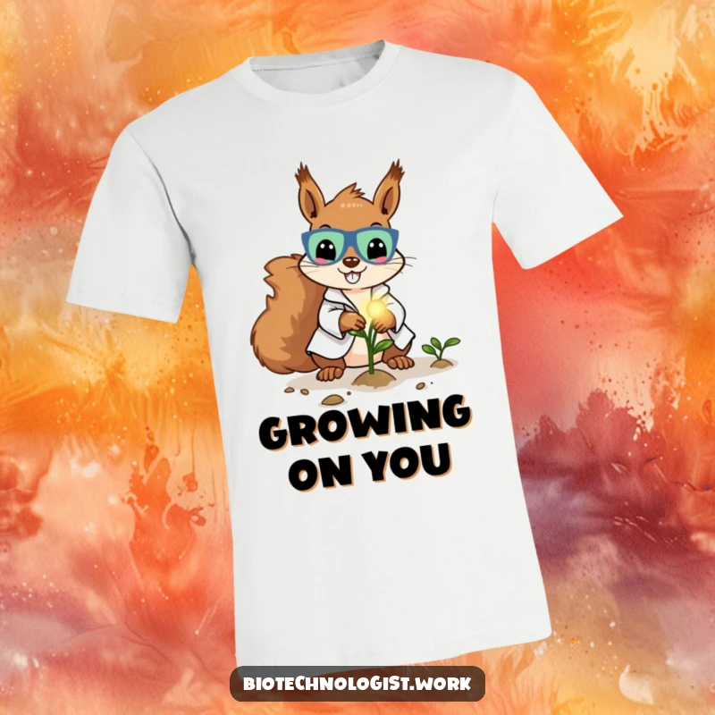 Funny t-shirt with a cheerful squirrel scientist, wearing a lab coat, planting a glowing seed with a bright, hopeful expression.