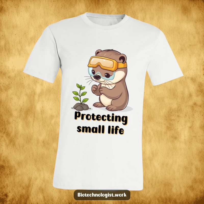 Funny otter t-shirt showing a playful otter in safety goggles carefully inspecting a small plant with a curious expression.