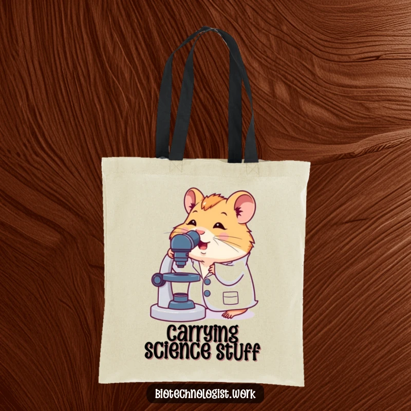 Funny tote bag featuring a cute hamster in a lab coat, excitedly using a microscope, perfect for carrying everyday items.