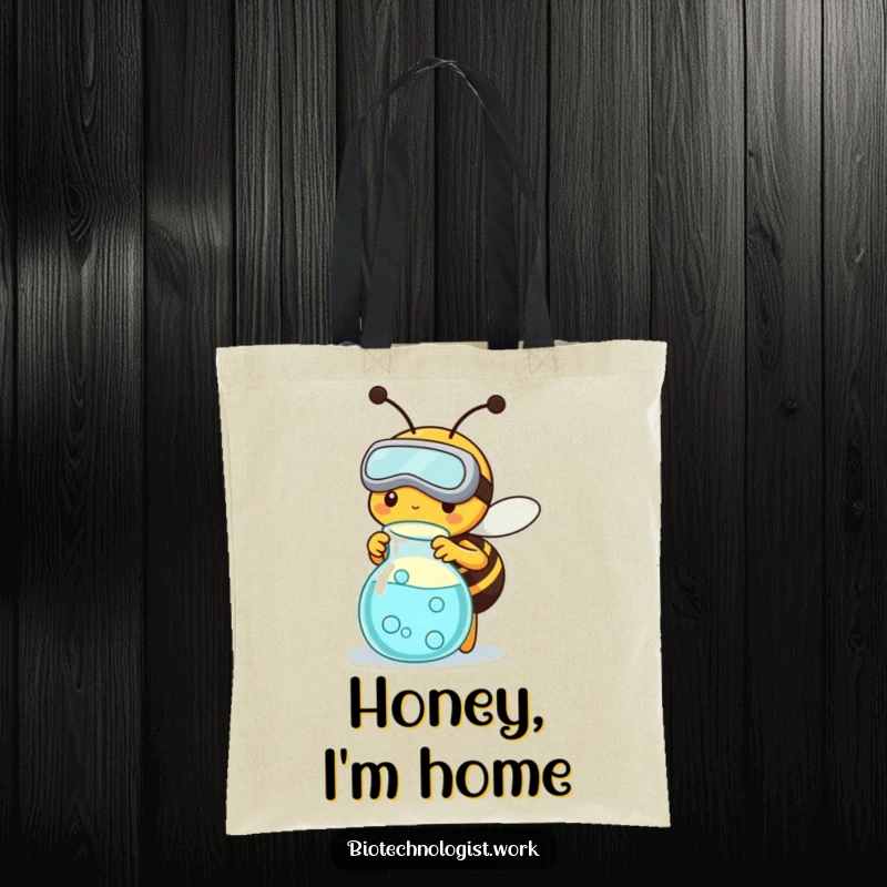 Funny tote bag with a busy bee wearing goggles, diligently working on a science experiment, perfect for carrying items.